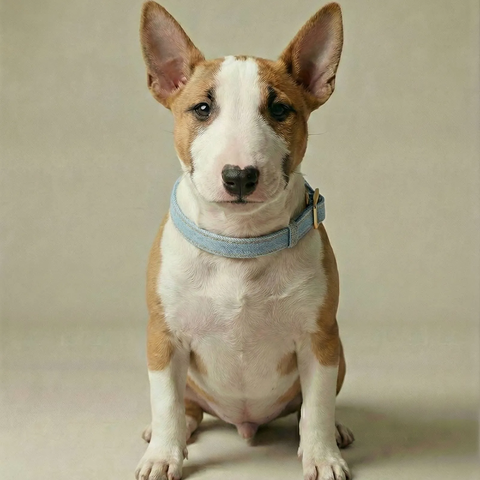 A bull terrier wearing the denim collar in Drift