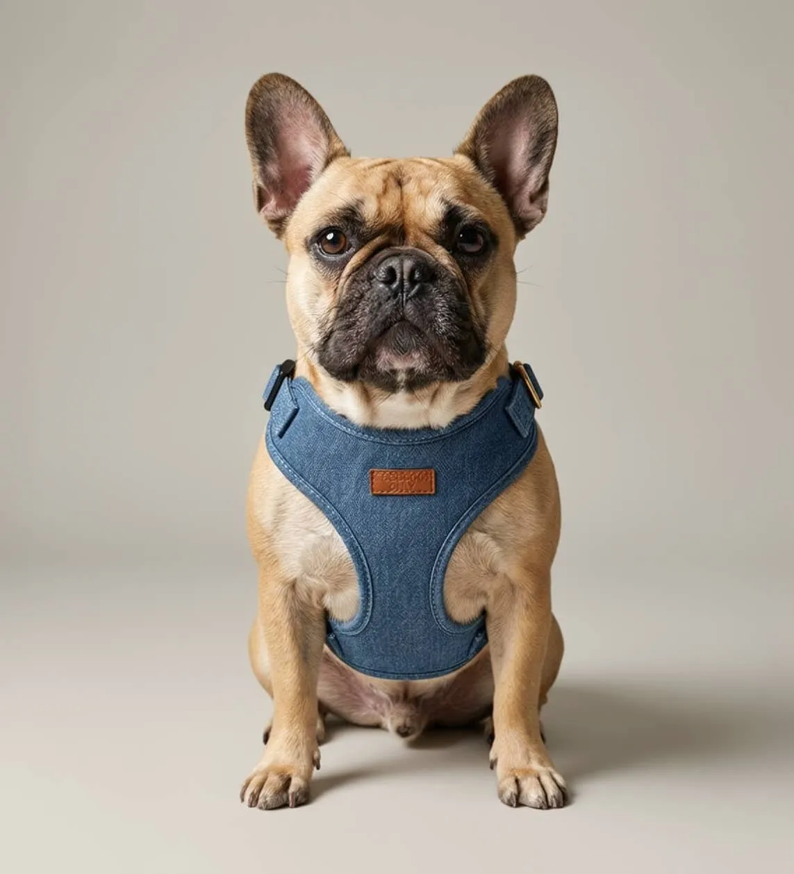 A French bulldog wearing the denim harness