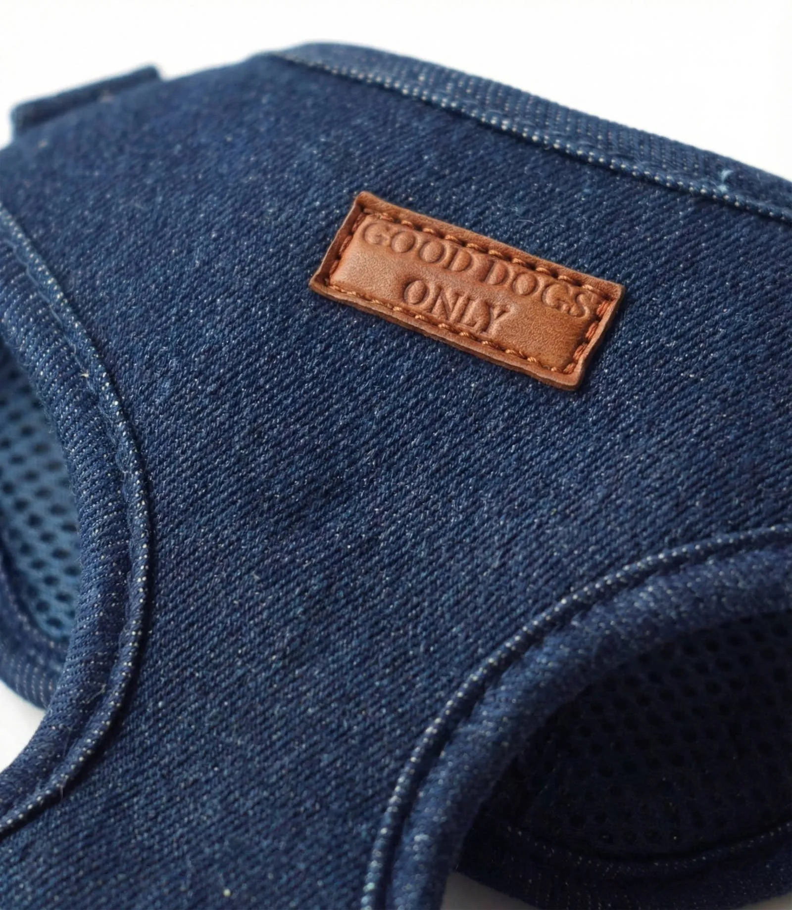 Close-up of the denim and leather tab