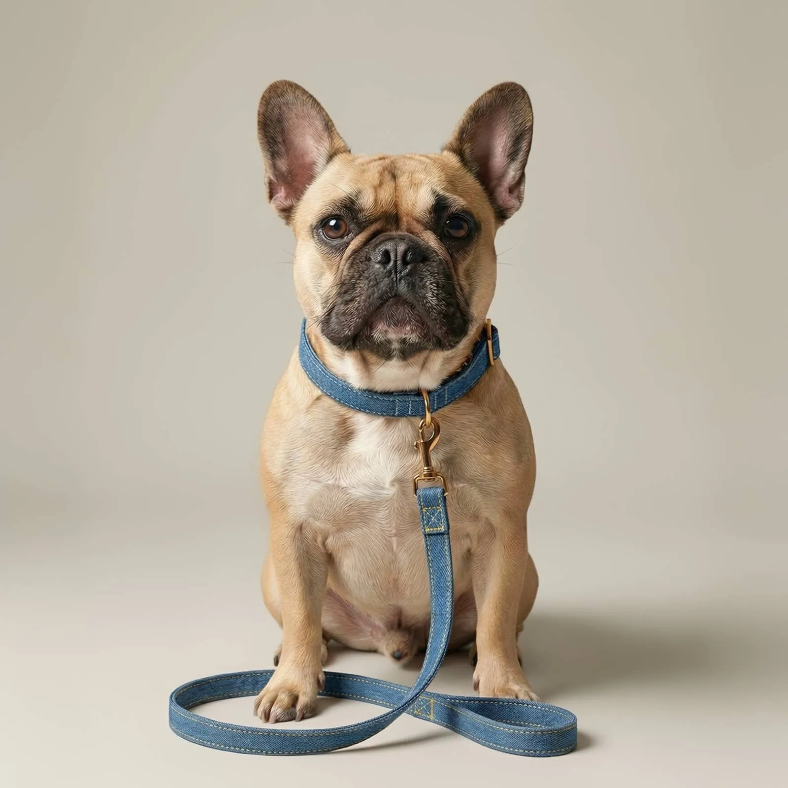 A French bulldog with the denim leash
