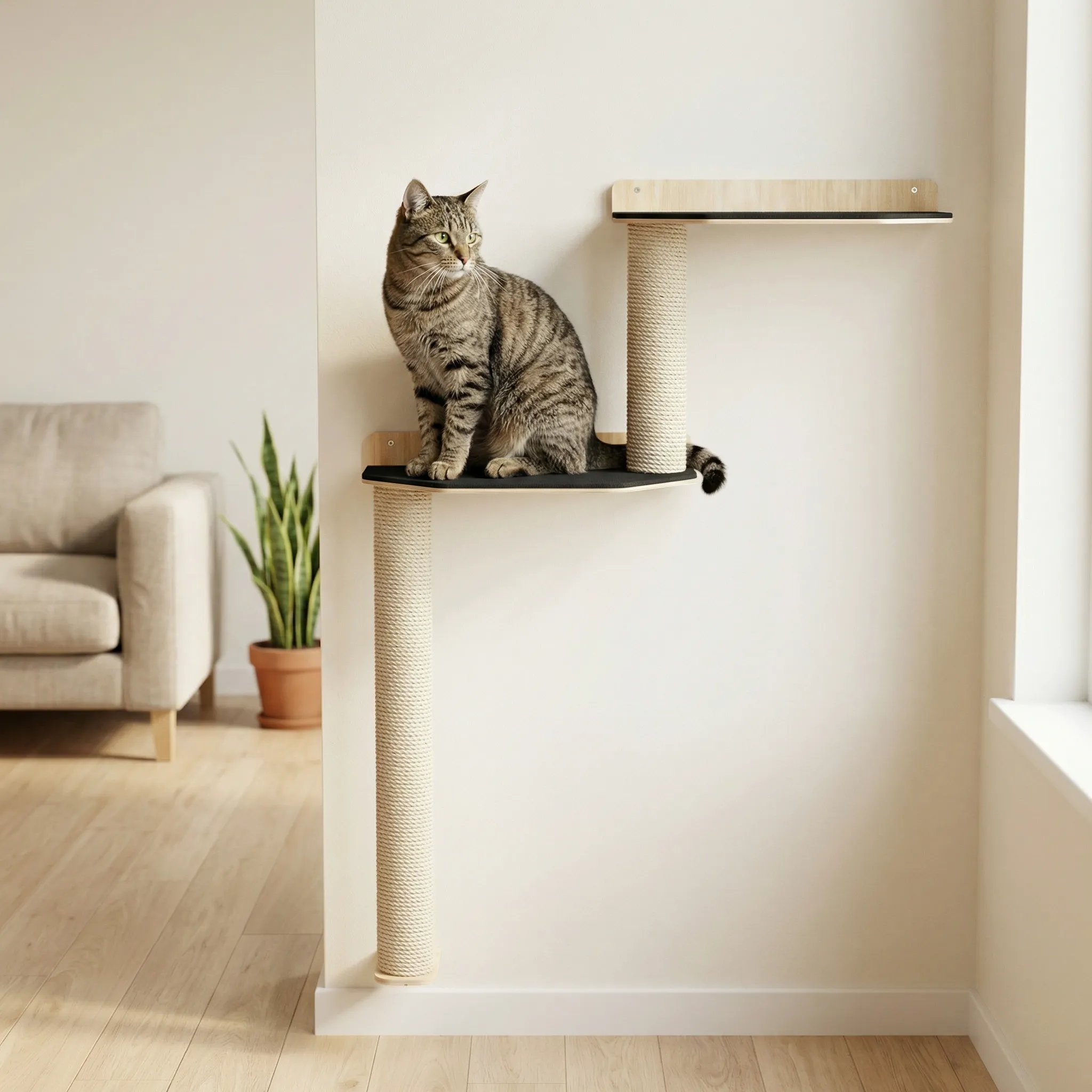 A tabby cat sitting on a wall-mounted climbing shelf in a bright living room