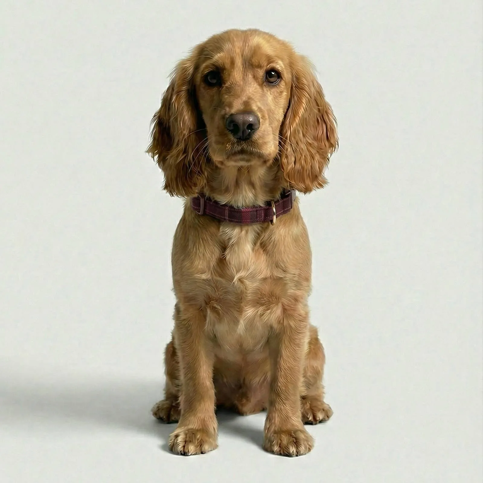 A spaniel wearing the plaid collar