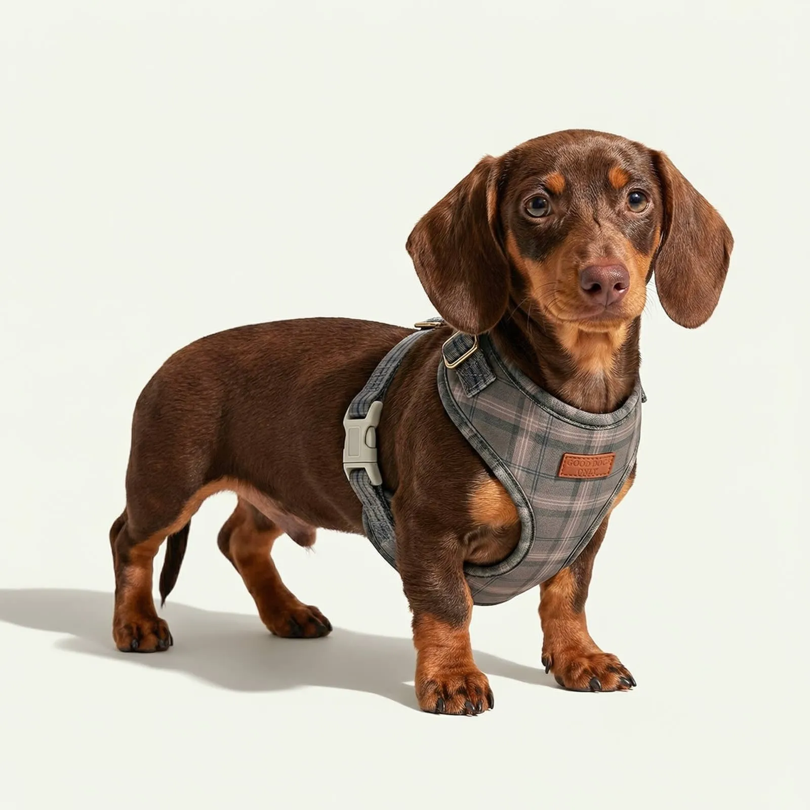 A dachshund wearing the plaid harness in Chestnut