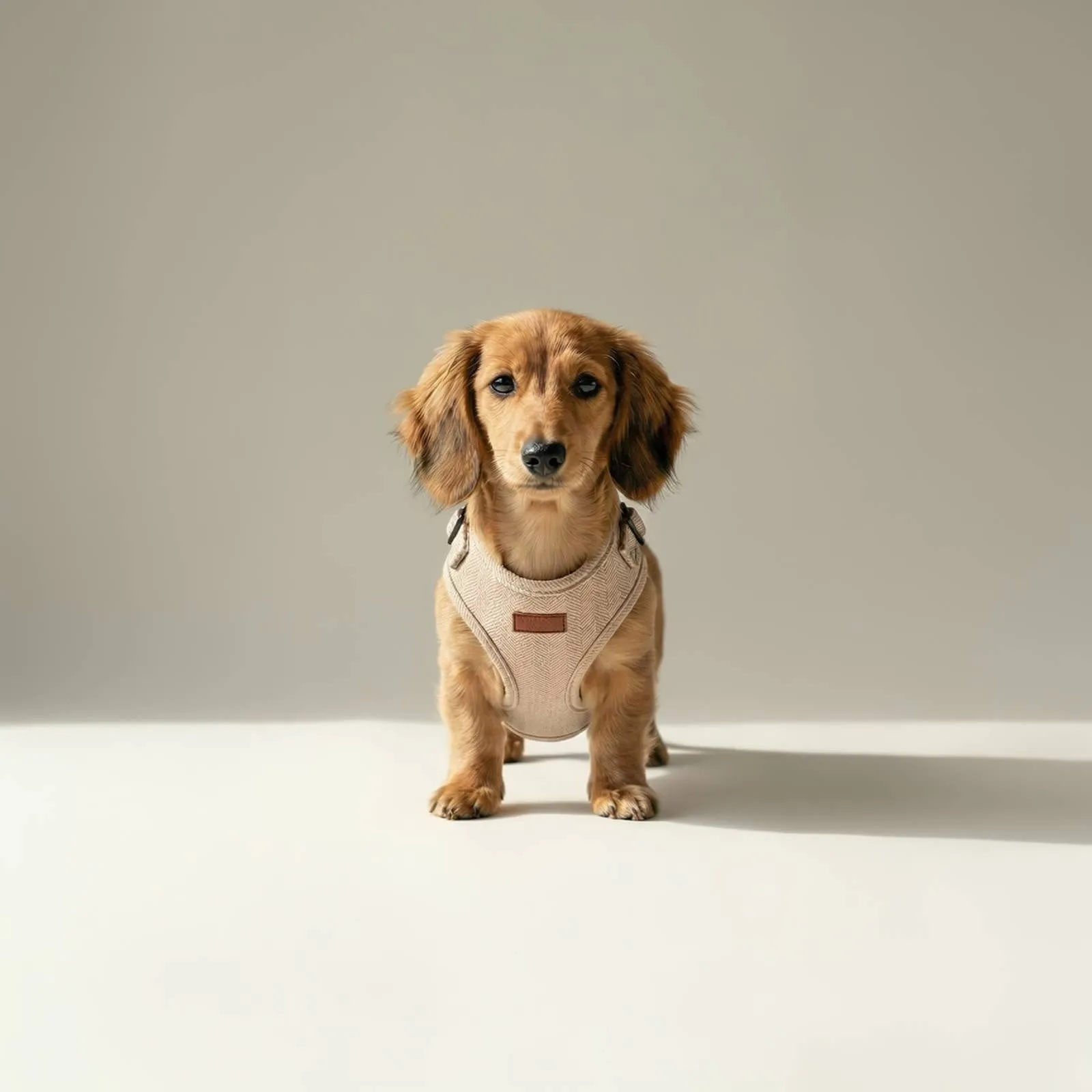 A dachshund wearing the tweed harness in Sand