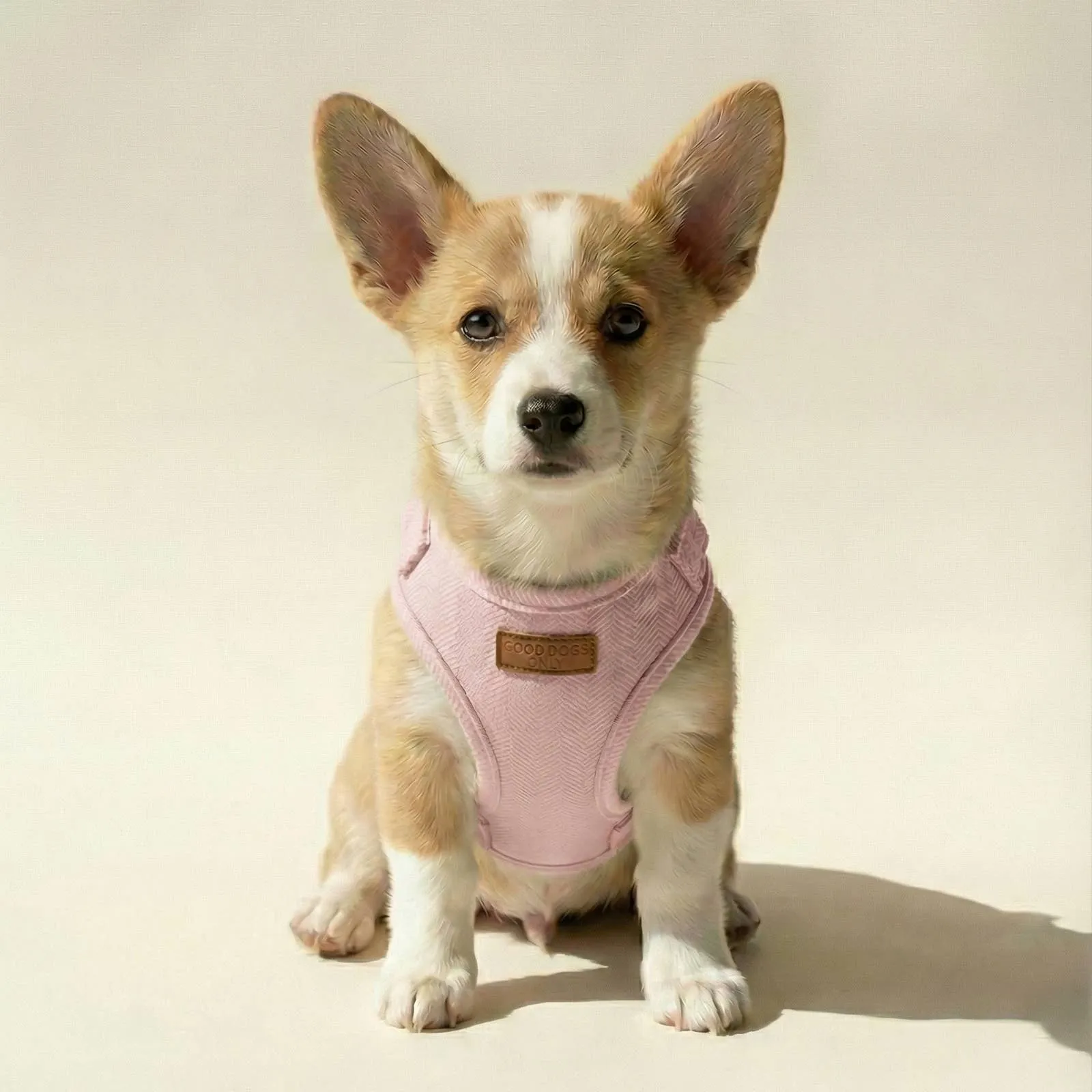 A corgi wearing the tweed harness in Blush