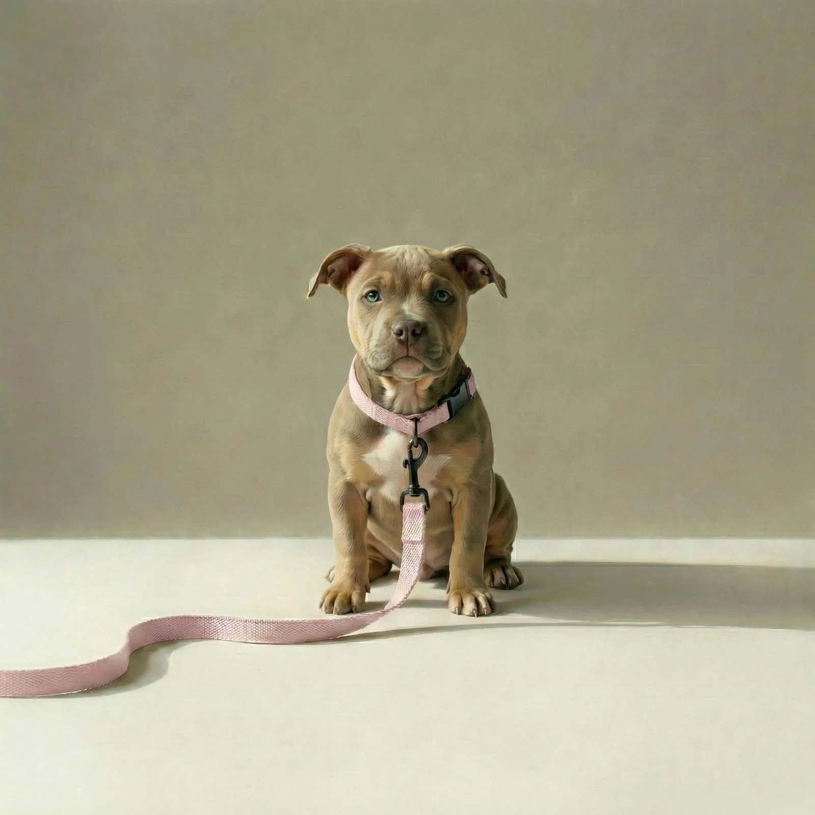 A dog sitting with the tweed leash